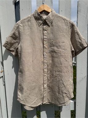 NWOT J. Crew Men's M *100% Linen* Short-Sleeve Button-Down Shirt in Beige/White